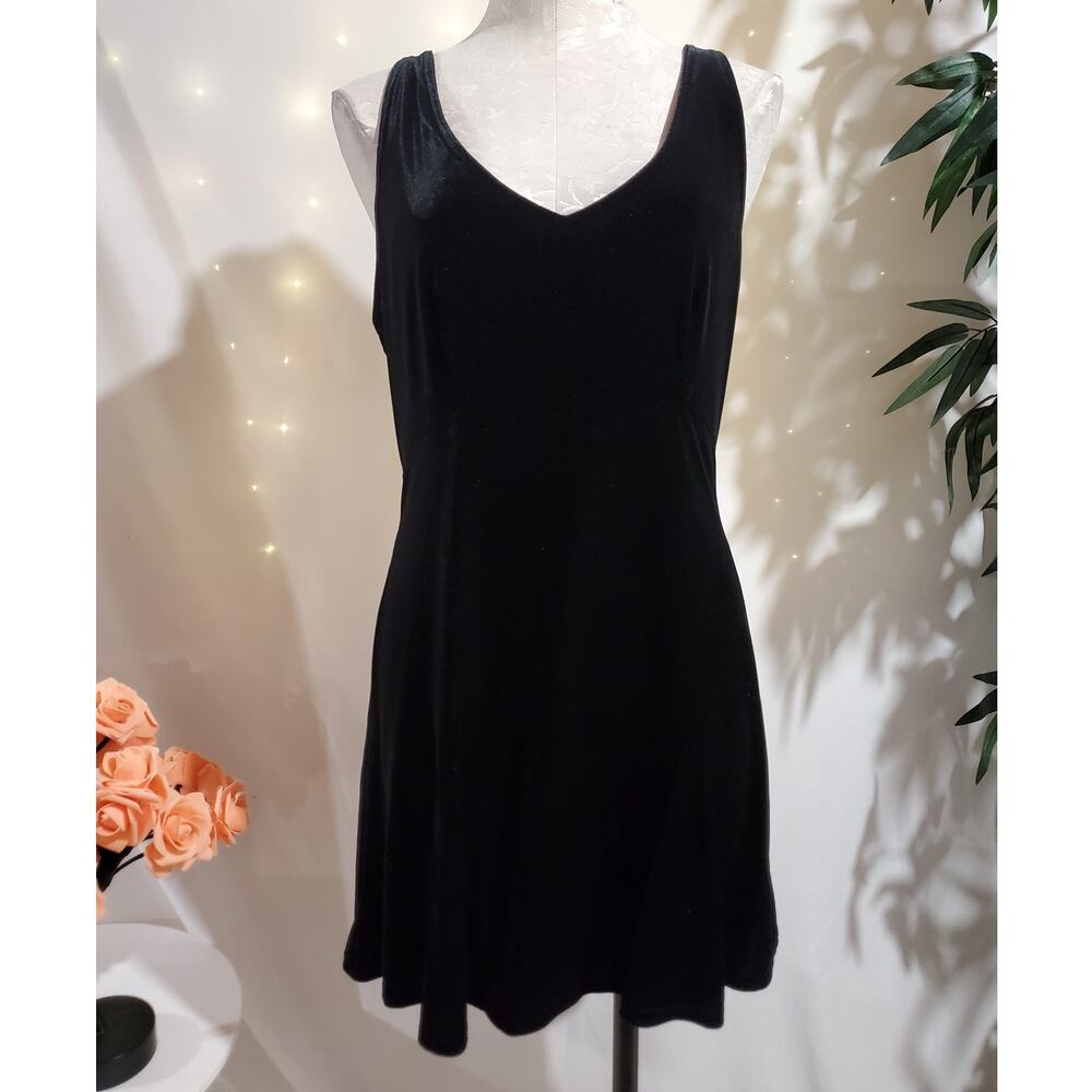 Vtg Y2K Victorias Secret Velour Mini Skater Dress Size M Black Velvet V-Neck - Picture 1 of 10